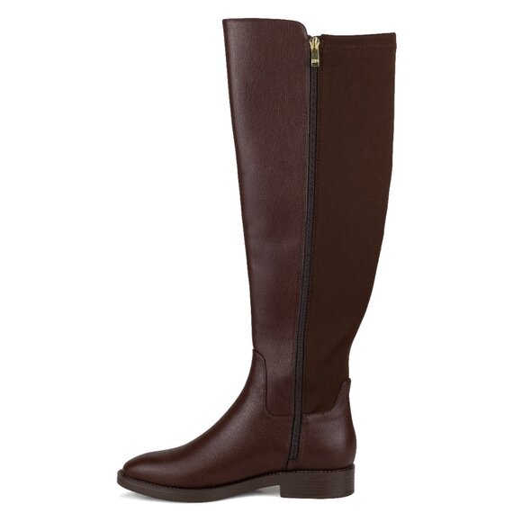 Stylish Modern Fashion Stretchy Leather Knee High Brown Riding Flat Boots - Picture 3 of 9